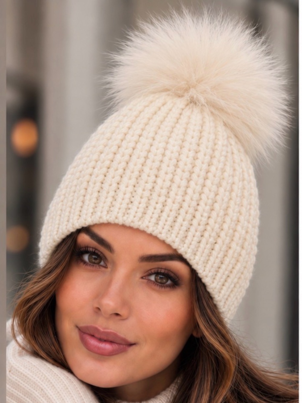 Adrienne Landau Ivory Knit Beanie Real Fox Fur Pom Pom Hat OS